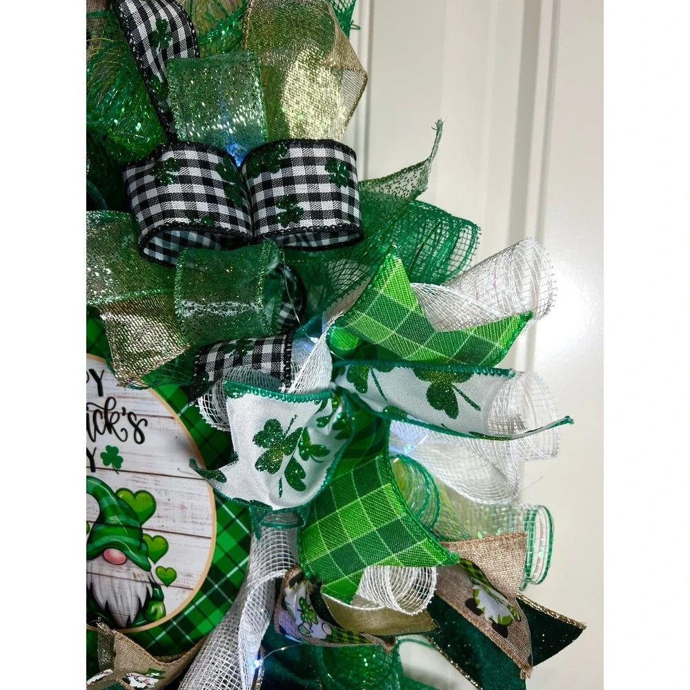 Handmade Happy St. Patrick’s Day Gnome Ribbon Prelit Wreath 22 ins LED W12